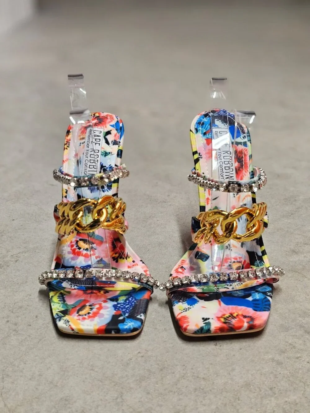 Floral Open-Toe High Heels With Rhinestone & Gold Chain Straps Multicolor Womens - Picture 4 of 14